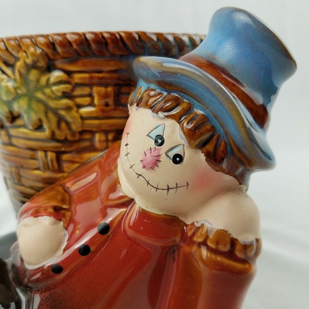 Scarecrow Planter Autumn Fall Harvest Basket Weave Thanksgiving Ceramic Pottery